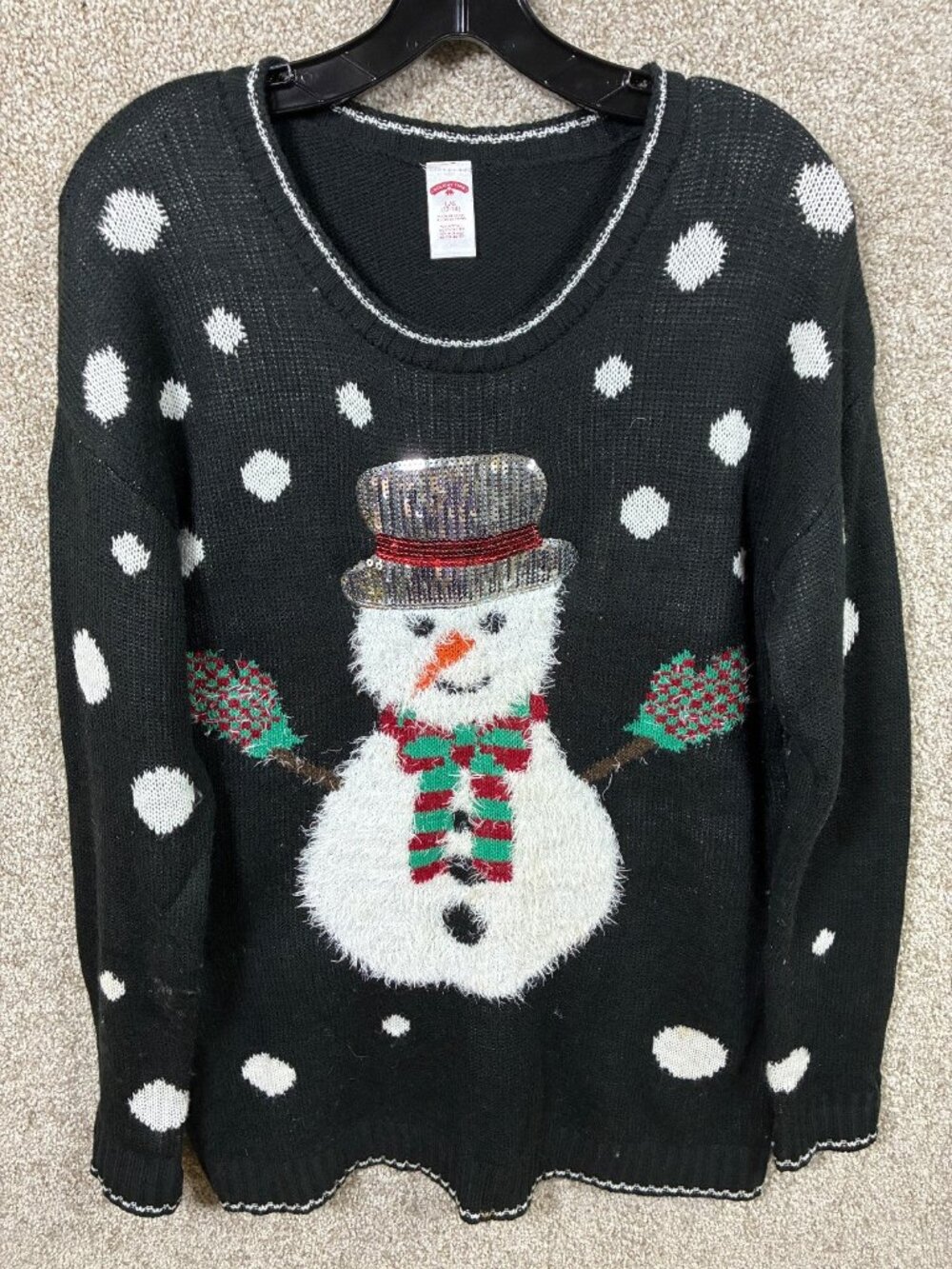 Holiday Time Ugly Christmas Sweater Womens L 12-14 Snowman Sequin Black Fuzzy